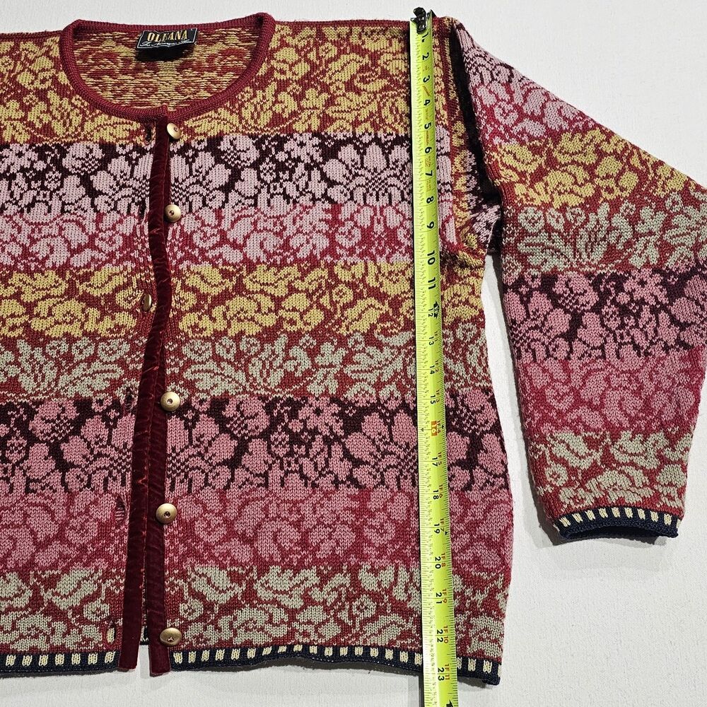 OLEANA Multicolor Floral 100% Pure New Wool Long Sleeve Cardigan Sweater Size L - Picture 10 of 14